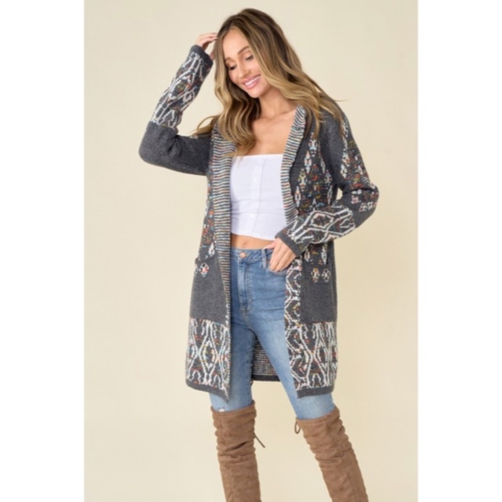 SOLD OUT Gray Aztec Tribal Rainbow Western Hooded Knit Open Cardigan Long Sleeve - Picture 6 of 9